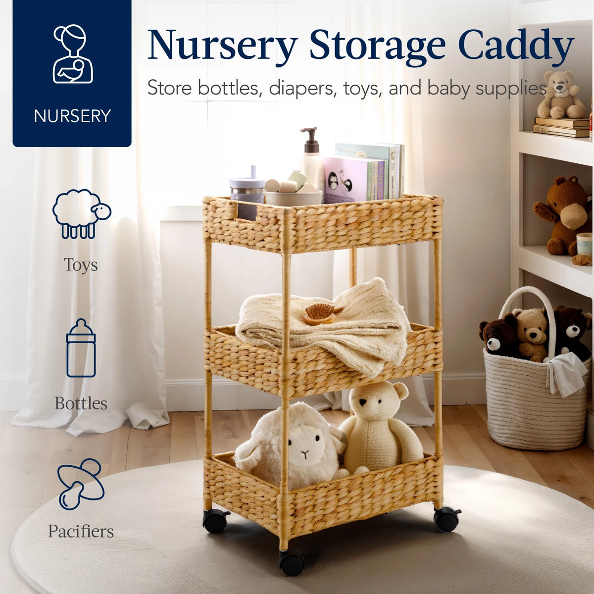 Best Choice Products 3-Tier Water Hyacinth Rolling Nursery Caddy w/ Wheels, Utility Cart, Storage Organization - Natural