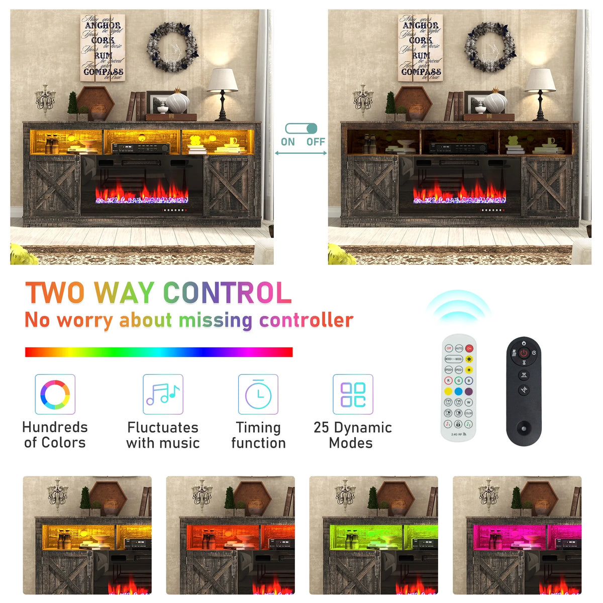 ChVans 70" Fireplace TV Stand for TVs up to 80" with 36" Electric Fireplace, Farmhouse Entertainment Center with LED, Wooden Media Console for Living Room, Bedroom