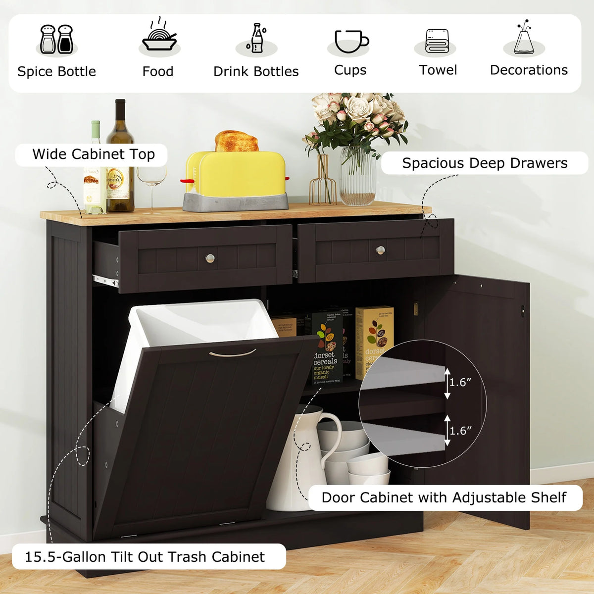 Costway 15.5 Gallon Kitchen Tilt Out Trash Cabinet Rubber Wood Tabletop 2 Drawers Shelf Gray