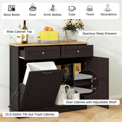 Costway 15.5 Gallon Kitchen Tilt Out Trash Cabinet Rubber Wood Tabletop 2 Drawers Shelf Gray