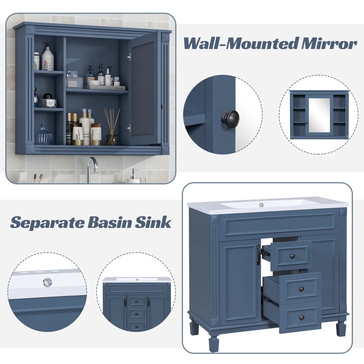 36'' Bathroom Vanity Set, Undermount Bathroom Cabinet and Mirror Cabinet, Ceramic Sink Top, Storage Cabinet with 2 Soft Closing Doors and 2 Drawers, Vanity Cabinet Set, Suit for 4'' Faucet, Gray