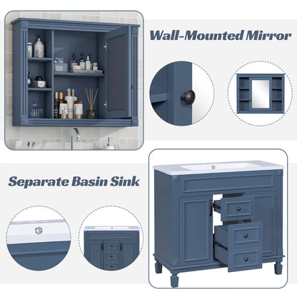 36'' Bathroom Vanity Set, Undermount Bathroom Cabinet and Mirror Cabinet, Ceramic Sink Top, Storage Cabinet with 2 Soft Closing Doors and 2 Drawers, Vanity Cabinet Set, Suit for 4'' Faucet, Gray