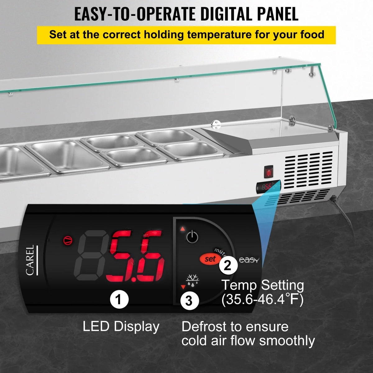 Refrigerated Condiment Prep Station, 48-inch, 10.8Qt Sandwich / Salad Prep Table w/ 3 1/3 Pans & 4 1/6 Pans, 146W Salad Bar w/ 304 Stainless Body Tempered Glass Shield Digital Panel Auto Defrost