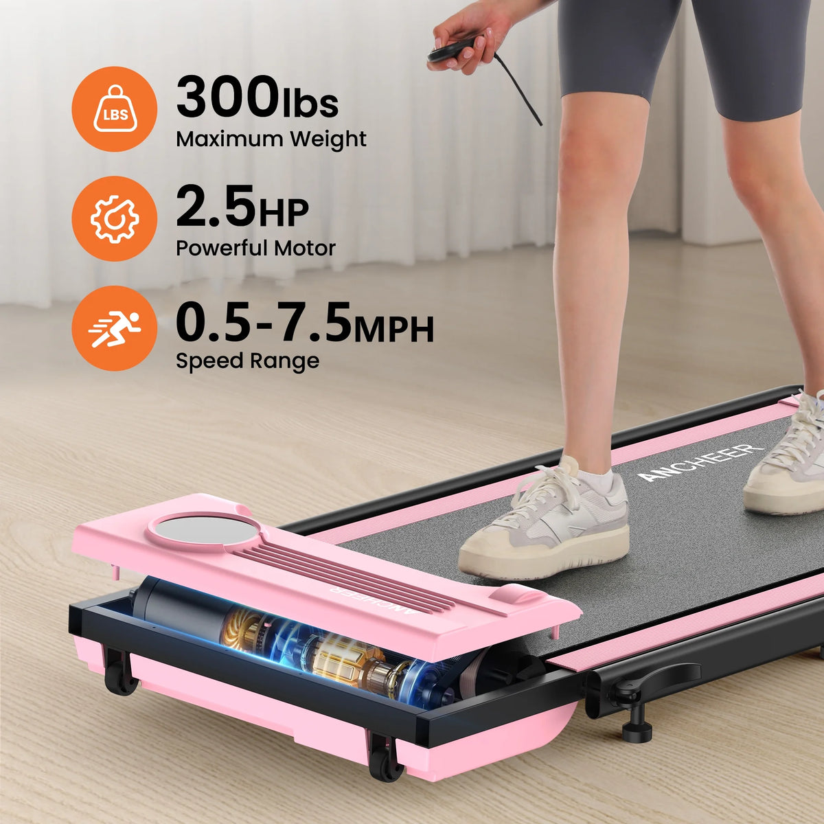 ANCHEER Portable Folding Walking Pad 300lb, 7.5 MPH Under Desk Treadmill with Remote Control & LED Display,2 in 1 Walking Pad Treadmill for Home/Office/Exercise(Pink)