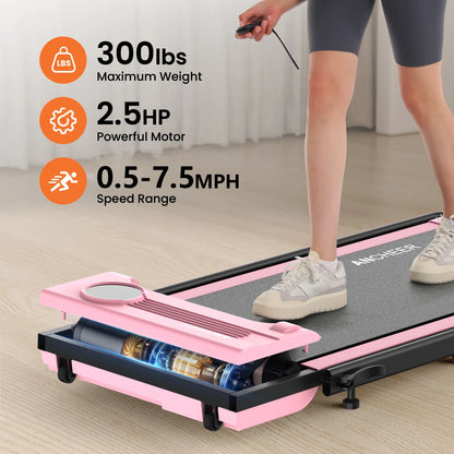 ANCHEER Portable Folding Walking Pad 300lb, 7.5 MPH Under Desk Treadmill with Remote Control & LED Display,2 in 1 Walking Pad Treadmill for Home/Office/Exercise(Pink)