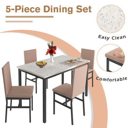5 Piece Dining Set, Modern Dining Table and Chairs Set for 4, Counter Height Bar Table Set, Modern Pub Table with 4 Velvet Fabric Cushioned Stools, Faux Marble Dining Table & Stools Set, D9297