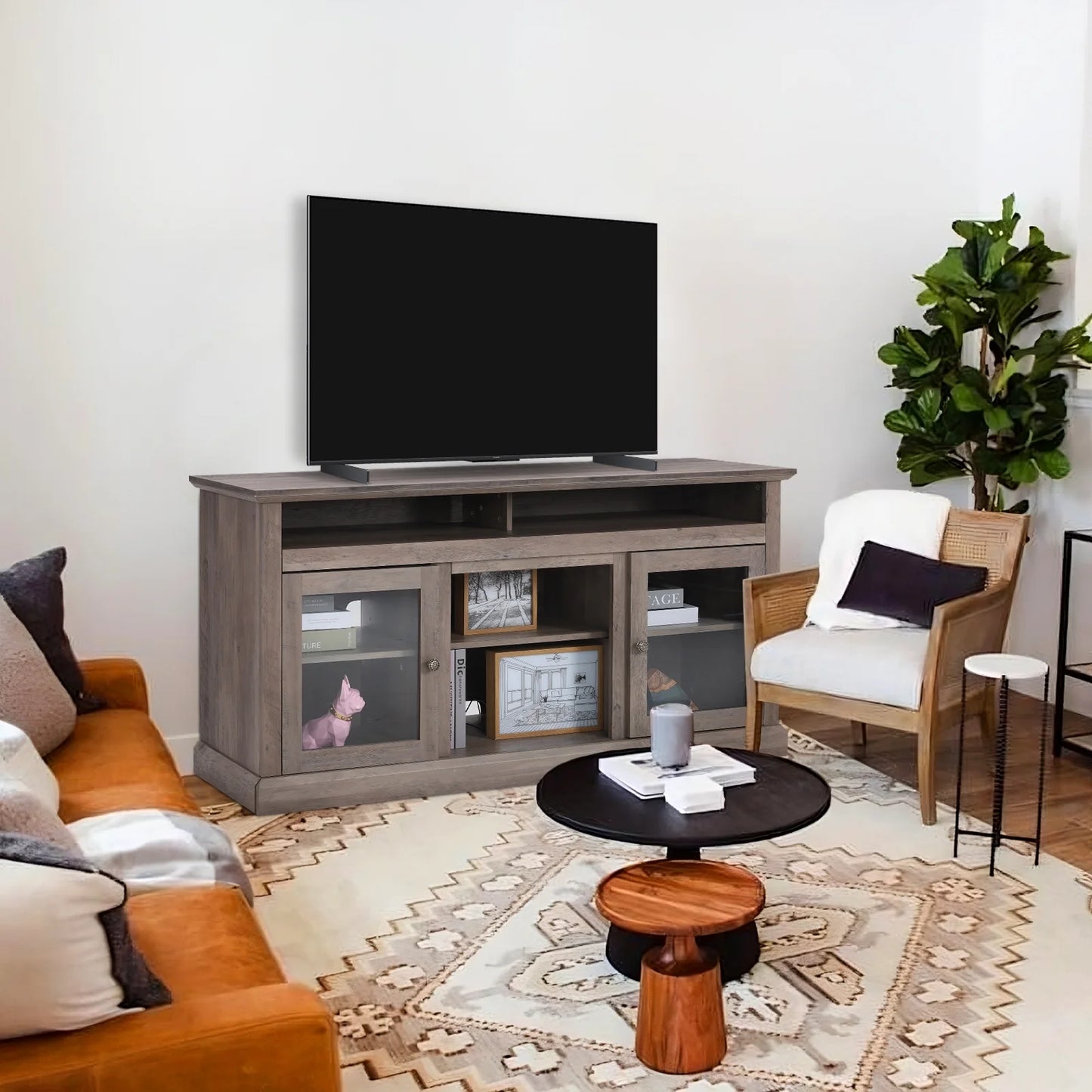 TV Stand for 65 Inch TV, Entertainment Center with Two Glass Barn Doors and Storage Cabinet Table, Farmhouse Style Media Console Table for Living Room(Coffee)