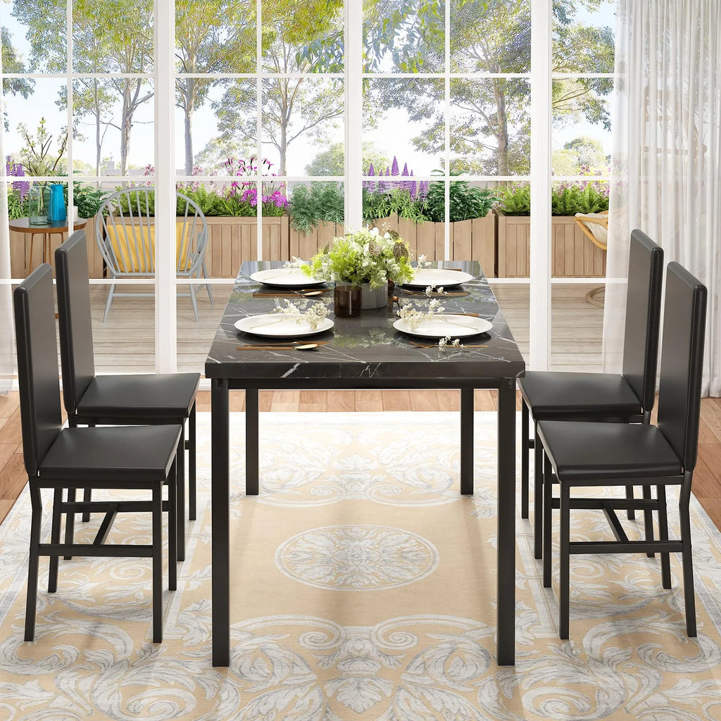 AWQM Dining Table Set of 4, Faux Marble 5 Piece Dining Room Table Set with PU Leather Chairs, Rectangular Kitchen Table Set for Apartment, Dining, White