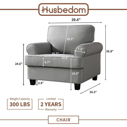 Husbedom 39" Modern Accent Fabric Chair Single Sofa Comfy Upholstered Rolled Arm Chair Living Room Furniture for Bedroom and Reading, Light Gray