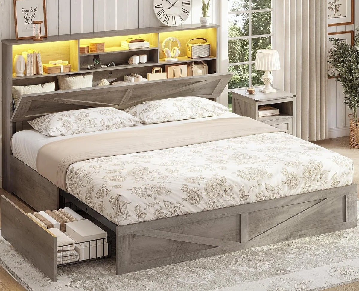 Twin Bed Frame with 4 Storage Drawers and Charging Station, Farmhouse Wooden Led Twin Bed with Storage Hidden Space Headboard and Metal Slats, Gray