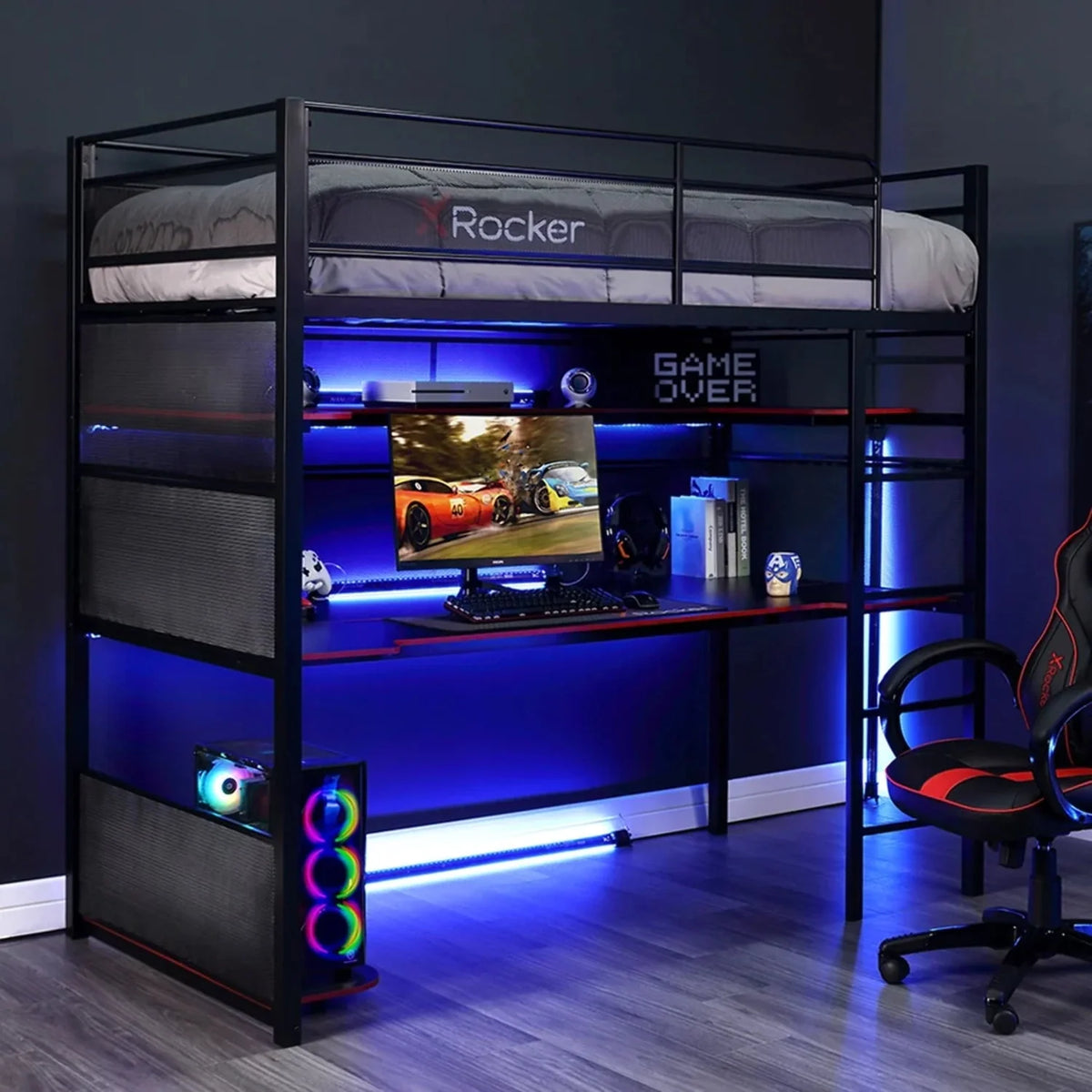 X Rocker Gaming Bunk Bed, Metal, Shelves, Twin, Black, Teen