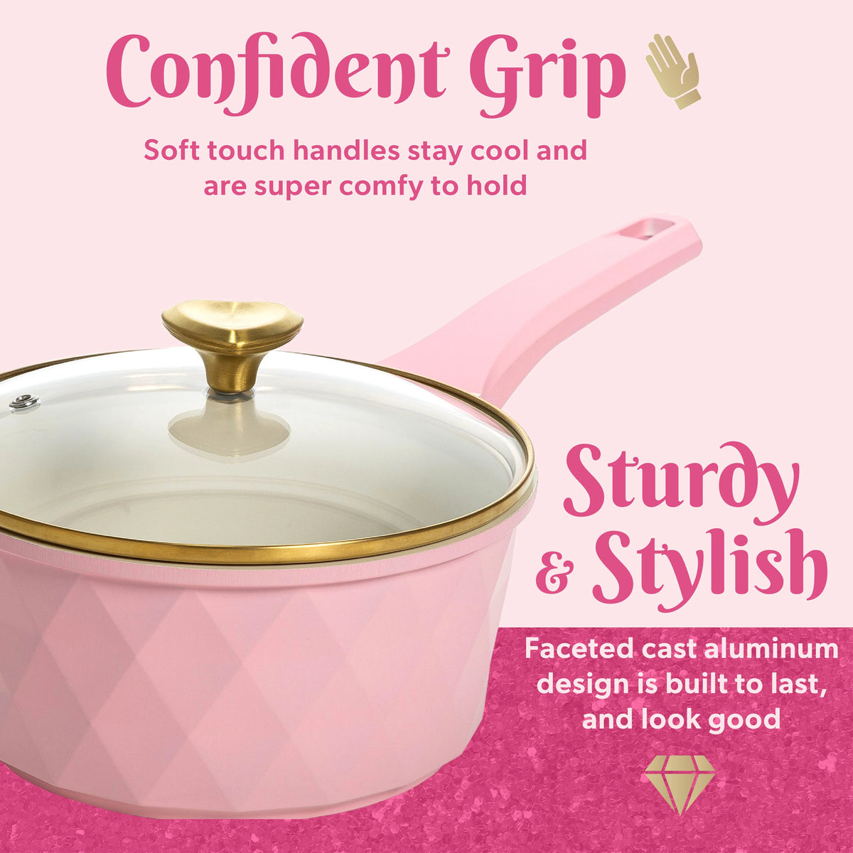 Paris Hilton 10-Piece Ceramic Nonstick Cast Aluminum Cookware Set, Clean Ceramic? Coating, Faceted Pink Design