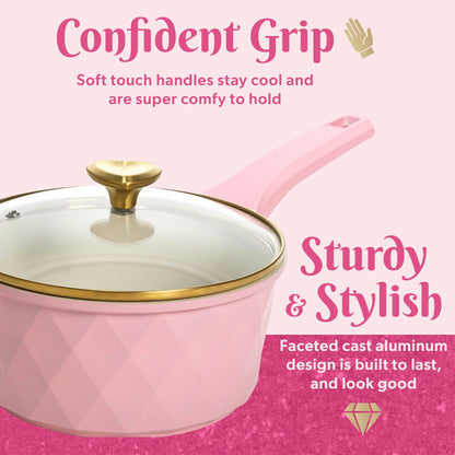 Paris Hilton 10-Piece Ceramic Nonstick Cast Aluminum Cookware Set, Clean Ceramic? Coating, Faceted Pink Design