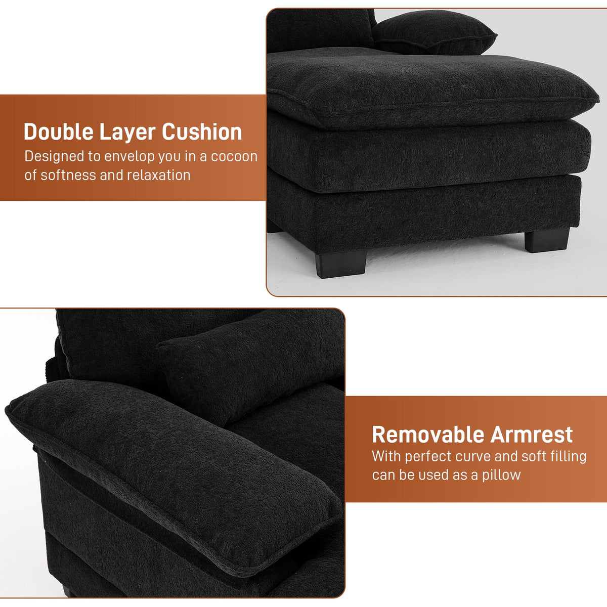 Rophefx 114.3" U Shaped Sectional Couches for Living Room,Cloud Couch,4 Seats Chenille Couch with Double Layer Cushion,Orange