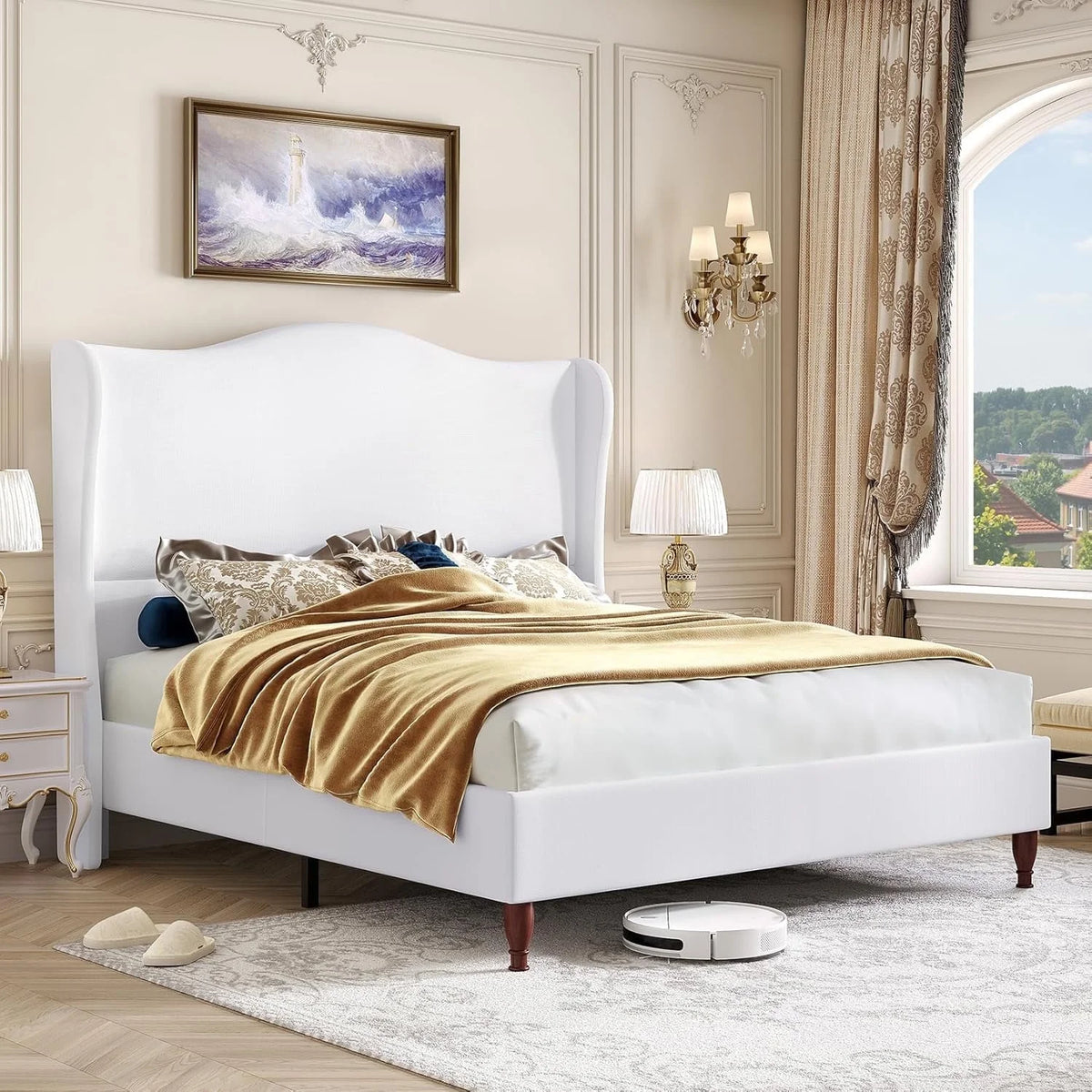 Neche Queen Upholstered Bed Frame with 51" Tall Headboard Classic Curved Wingback Platform Bed with Soft Fabric, Retro Simple Sleigh Bedframe No Box Spring Needed/Easy Assembly, White
