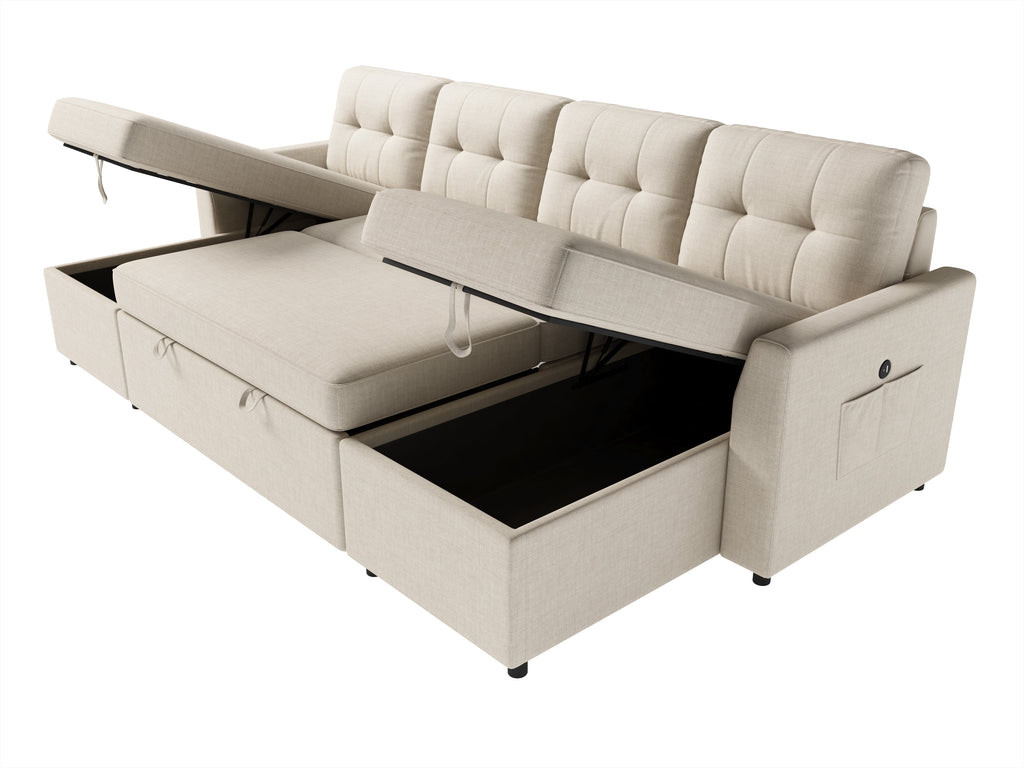 VANACC Sectional Sofa Bed with Storage and Soft Seat ,Reversible Pull Out Couch for Living Room,Beige