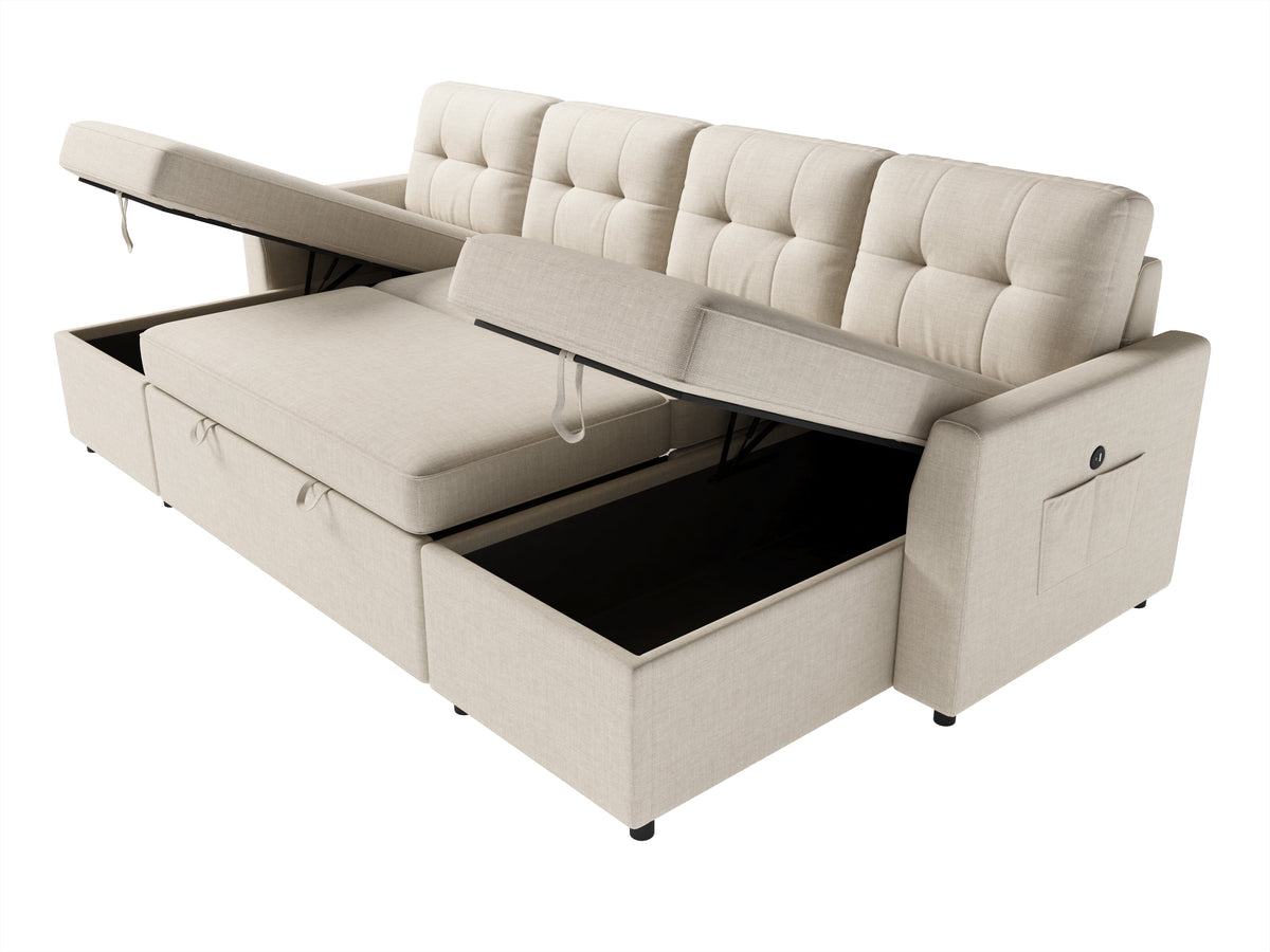 VANACC Sectional Sofa Bed with Storage and Soft Seat ,Reversible Pull Out Couch for Living Room,Beige