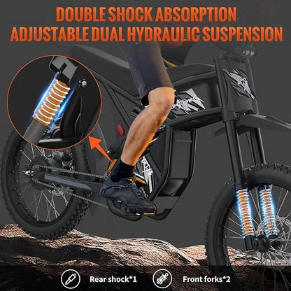 2000W Electric Dirt Bike for Adults Ridingtimes GT73 UL2849,Brushless Hub Motor,18.2AH*2 Electric Bike with 25\" tires digital screen Carbon Steel,Black