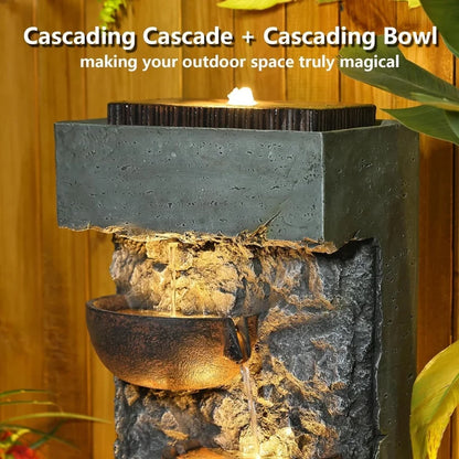 Floor Standing Water Fountains Garden Water Fountain Cascading Bowl Waterfalls with LED Lights for Garden, Living Room, Patio, Home Decor