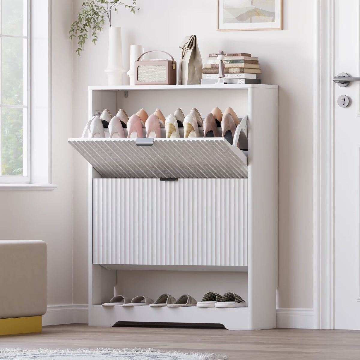 FANRAL Shoe Cabinet with 2 Flip Drawers & Open Storage,Fluted Shoe Storage Cabinet Rack Organizer with Adjustable Shelves for Entryway,Closet,Hallway,White