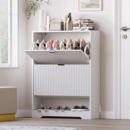 FANRAL Shoe Cabinet with 2 Flip Drawers & Open Storage,Fluted Shoe Storage Cabinet Rack Organizer with Adjustable Shelves for Entryway,Closet,Hallway,White