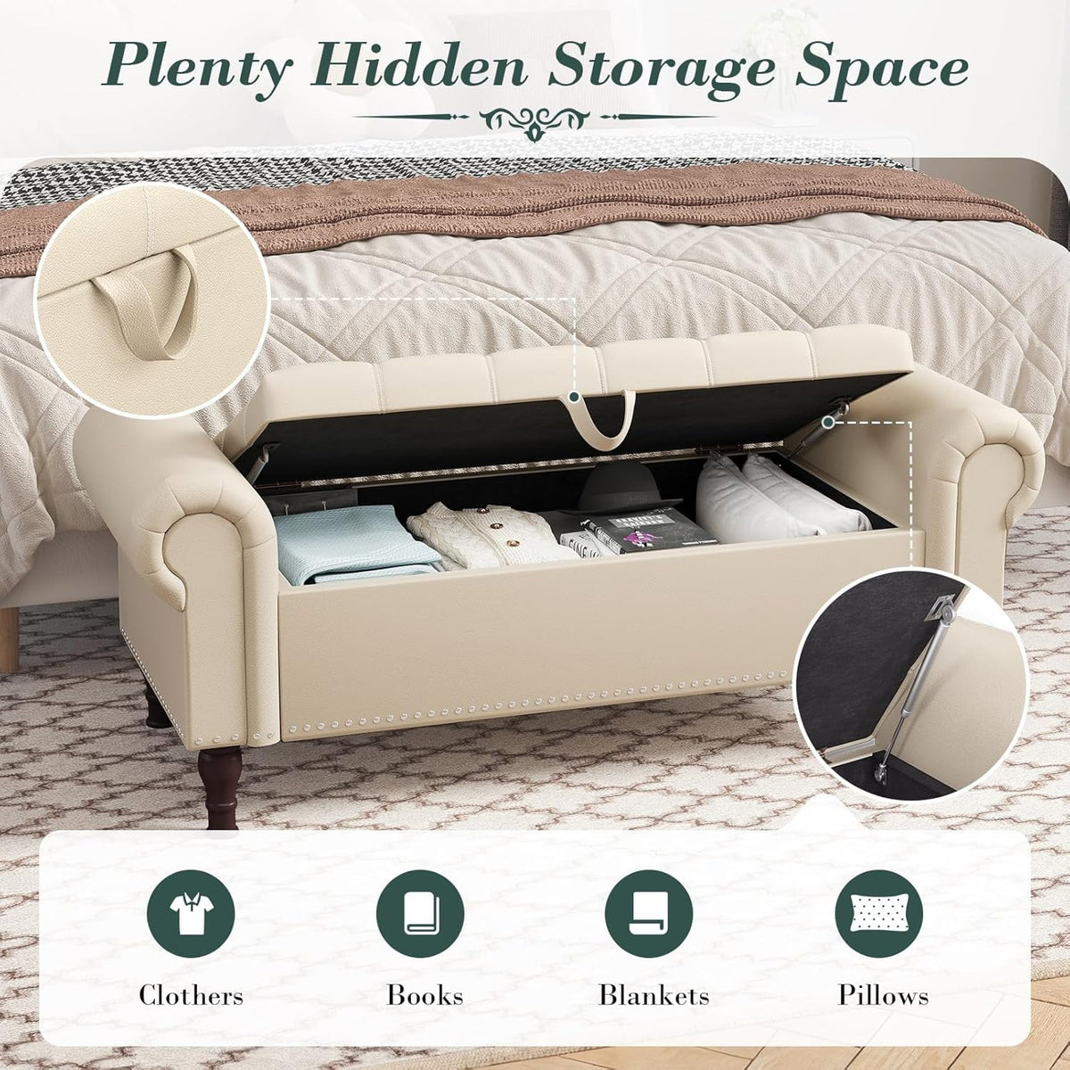 YOUDENOVA Storage Ottoman Bench for Bedroom 51" Queen Leather Storage Bench with Button, Upholstered Bedroom Bench with Rolled Arms for Living Room, Storage Room, Entryway, Gray