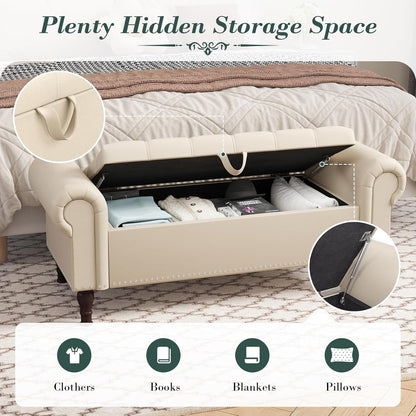 YOUDENOVA Storage Ottoman Bench for Bedroom 51" Queen Leather Storage Bench with Button, Upholstered Bedroom Bench with Rolled Arms for Living Room, Storage Room, Entryway, Gray