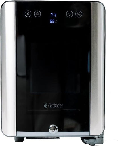 Essential Cooler - Mini Fridge with Temp & Humidity Control, 3 USB Ports, Smoked Glass Shelves, Lockable UV Glass Door for Cosmetics, Skin Care, Medicine, Herbs, and More