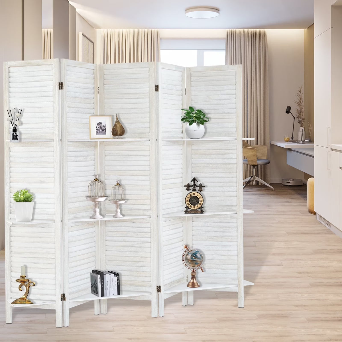 6-Panel Room Divider with Shelves5.6ft Tall Folding Privacy Screen Panels, Room Divider Wall, Divider for Room Separation, Room Divider ShelvesEffectively Block SightNatural