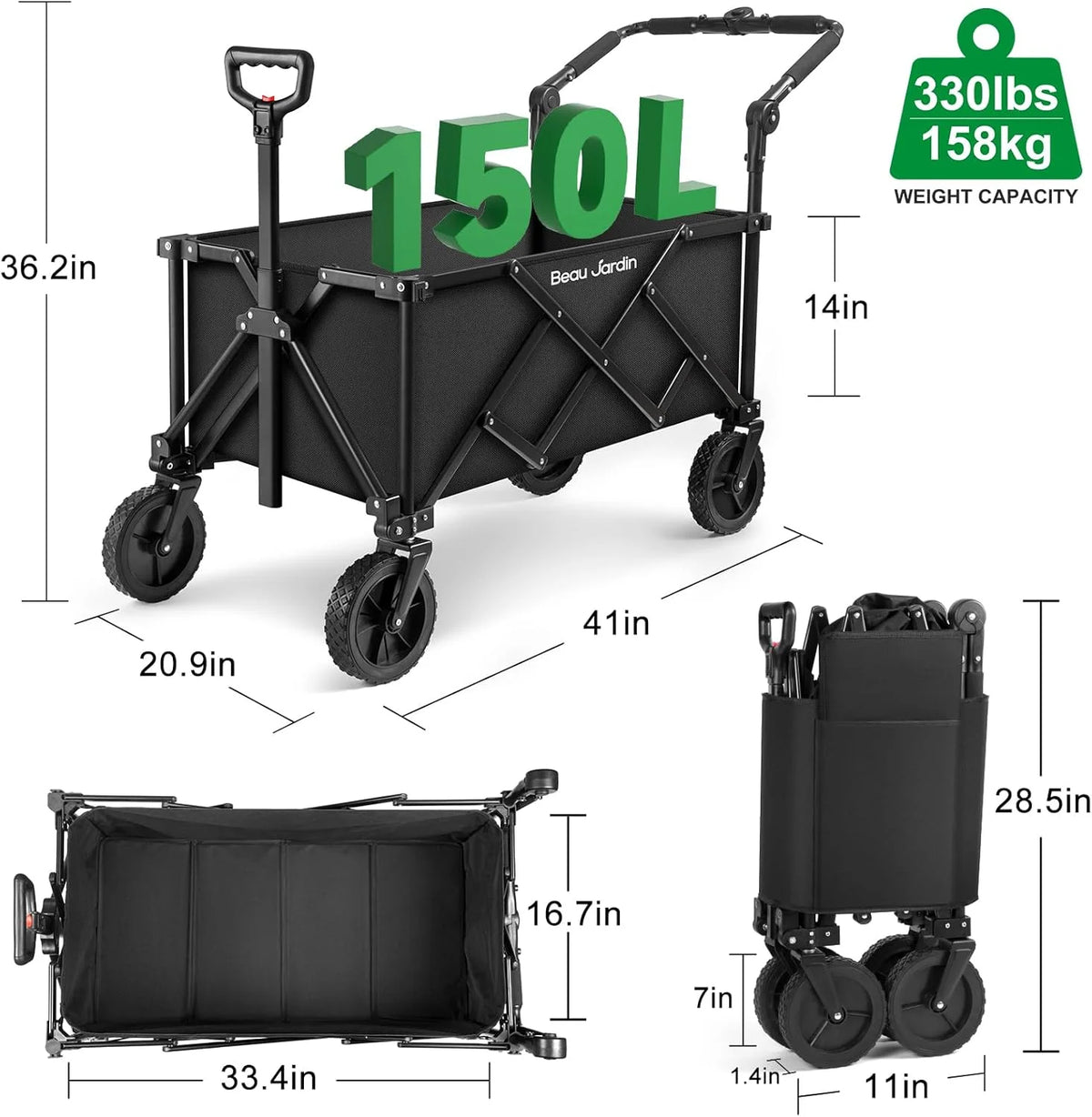 BEAU JARDIN Collapsible Folding Wagon Utility Beach Wagon Cart Foldable Heavy Duty All Terrain Camping Grocery Push Wagon for Sports Garden Shopping Black