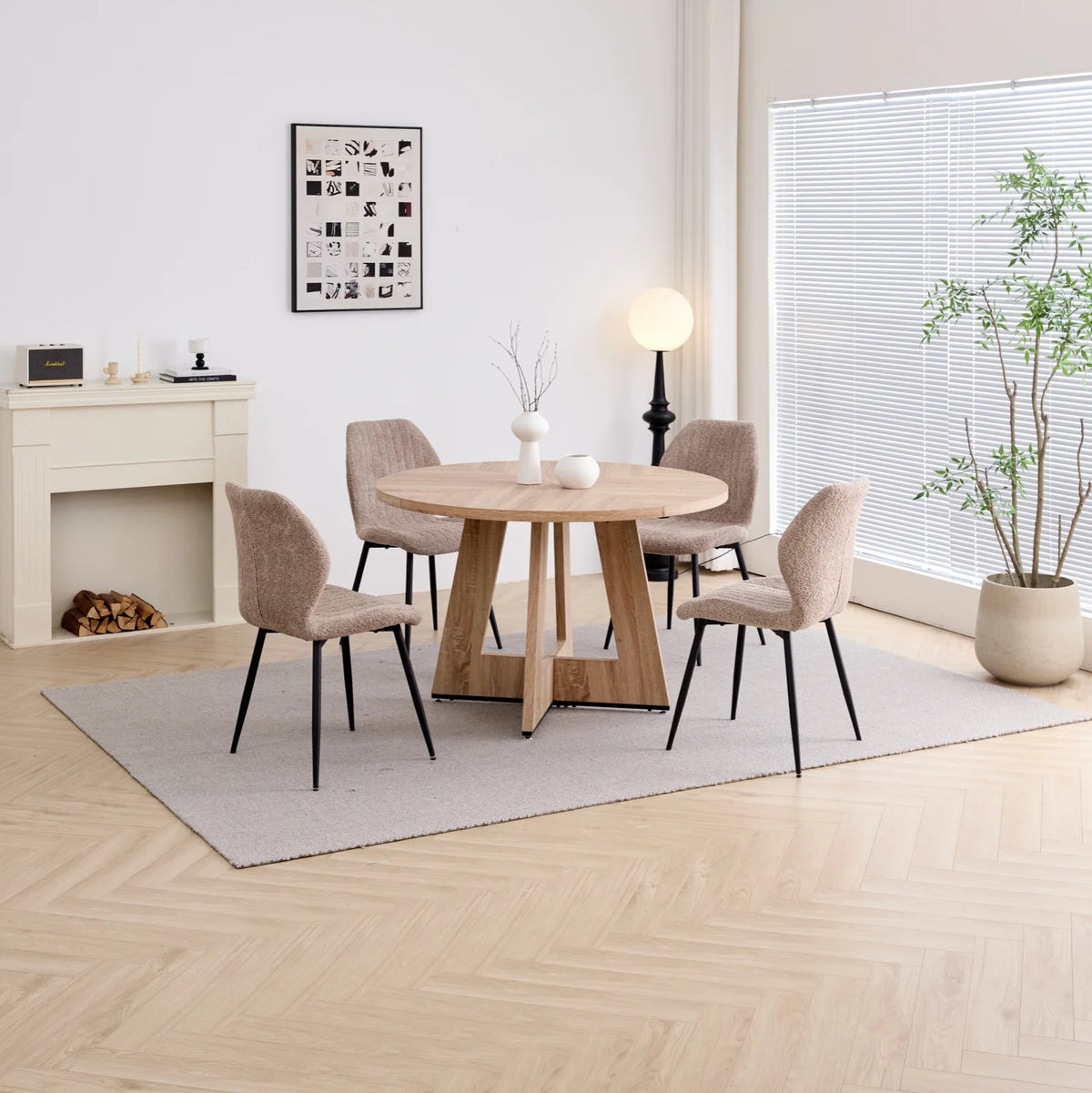 5 Piece 47'' Round Dining Table Chairs Set for 4, Farmhouse Gray Kitchen Table with 4 Boucle Mid Century Modern Dinning Room Chairs, Wood Dinner Table &Upholstered Chair Set of 4, Beige