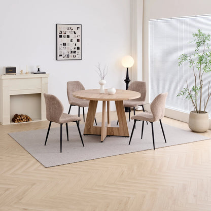 5 Piece 47'' Round Dining Table Chairs Set for 4, Farmhouse Gray Kitchen Table with 4 Boucle Mid Century Modern Dinning Room Chairs, Wood Dinner Table &Upholstered Chair Set of 4, Beige