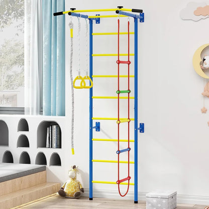 Cuoote 5 in-1 Metal Wall Ladder Stall Bars Set, Indoor Kids Gym for Exercise, Ladder Wall Set with Wall Ladder, Pull-up Bar, Climbing Rope, Gymnastic Rings, Kids Climbing Toys for Boys Girls