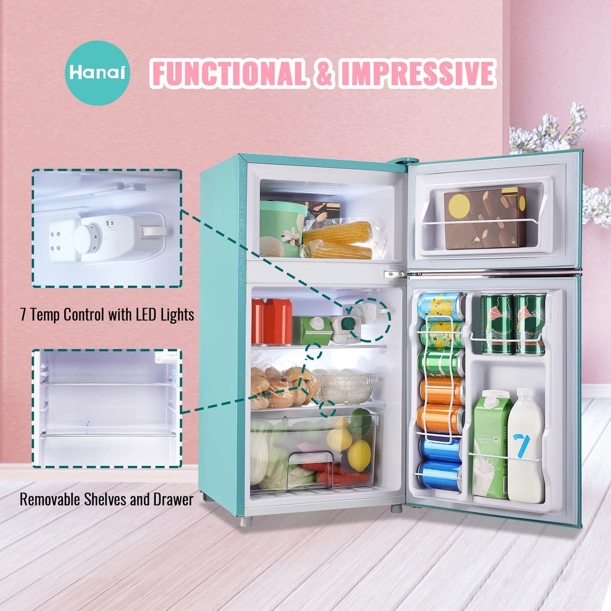 3.5 Cu.ft Compact Refrigerator WANAI Dual Doors Handles Mini Fridge with Top Freezer Blue New