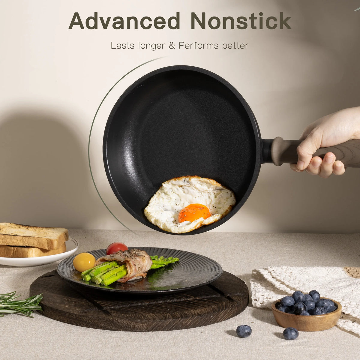 Astercook 18-Piece Pots and Pans Set, Nonstick Cookware Set with Elegant Wooden Handle, Oven Safe to 480��F, Induction Compatible, Kitchen Cooking Set for RV Trips, Camping and Picnic, Black