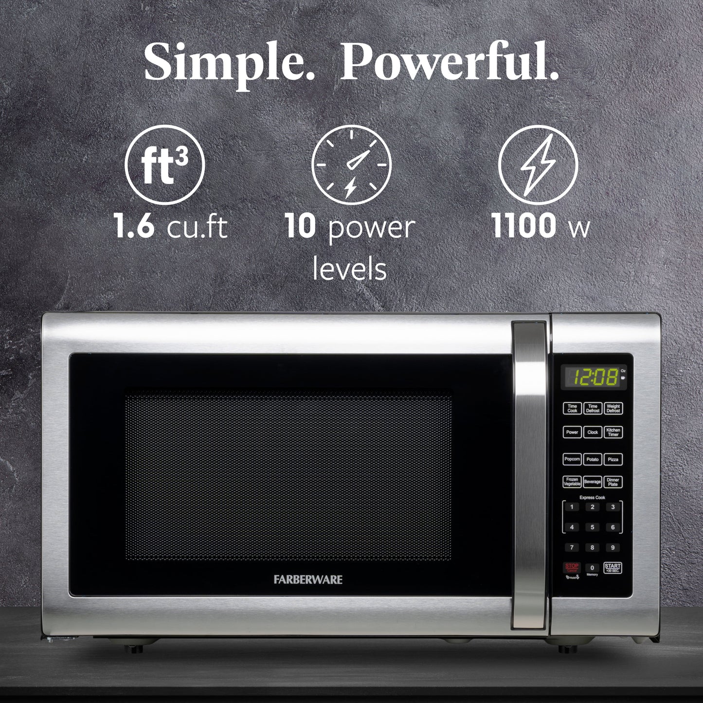 Farberware Countertop Microwave Ov 1100 Watts, 2.2 cu ft - Smart Sensor With LED Lighting and Child Lock - Perfect for Apartments and Dorms - Easy Clean Black Interior, Stainless Steel