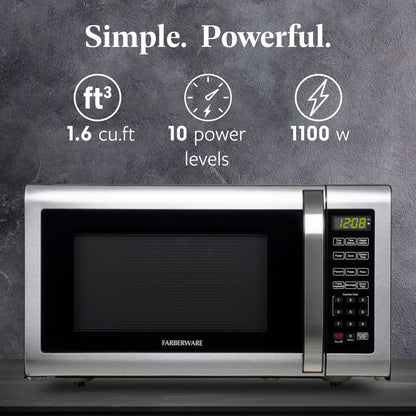 Farberware Countertop Microwave Ov 1100 Watts, 2.2 cu ft - Smart Sensor With LED Lighting and Child Lock - Perfect for Apartments and Dorms - Easy Clean Black Interior, Stainless Steel