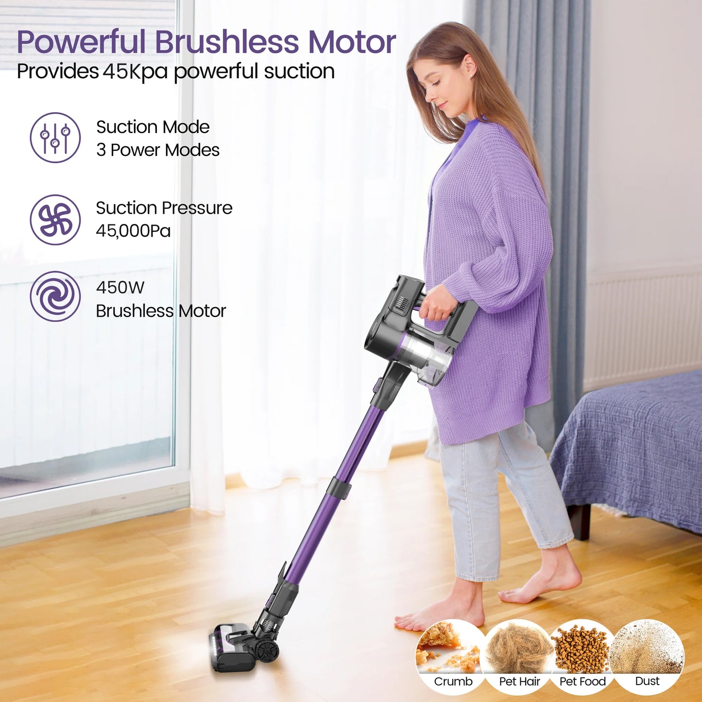 YOMATECH Cordless Vacuum Cleaner, 30Kpa/365W Powerful Stick Vacuum, 6 in 1 Lightweight Vacuum Cleaners for Home Hardfloor Carpet Pet Hair