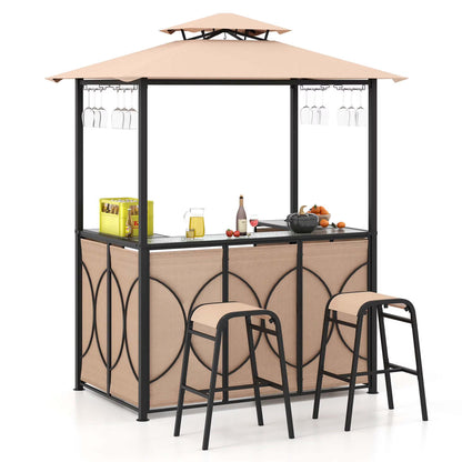 Costway 3 PCS Patio Bar Set with Tempered Glass Bar Table Metal Storage Shelves for Garden Grey