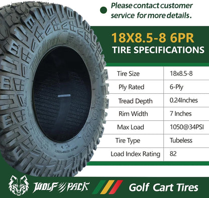 Set 4 WOLF PACK 18X8.50-8 Golf Cart Tires Non-Directional Tubeless Tire Multi-Terrain Tire with Superior Traction and Mud-Resistant Self-Cleaning Tread Design for Long-Lasting Performance