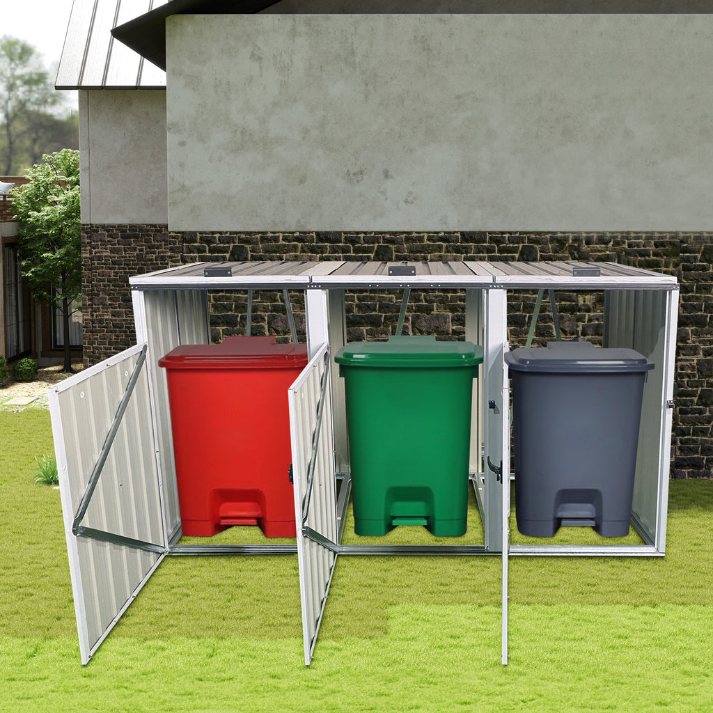 Aukfa 7.3' W Outdoor Garbage Bin Storage, Metal Storage Shed for 3 Trash Cans Tools, Waterproof Trash Can Storage