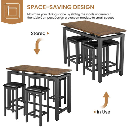 Counter Height Table Set of 5, Breakfast Bar Table and Stool Set, Minimalist Dining Table with Backless Stools, Wood Top Pub Table & Chair Set for Kitchen Apartment Bistro - Space Saving