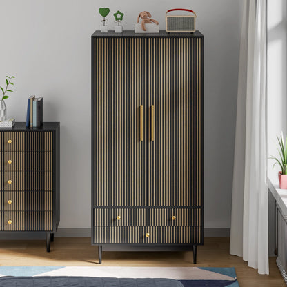 Oubayajia Wardrobe Armoire Closet, 2 Fluted Doors Wardrobe Cabinet with 3-Drawer and Hanging Rod, Wood Wardrobe Storage for Bedroom