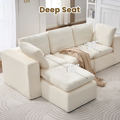 Cloud Sectional Couches for Living Room, Modular L-Shaped Sofa with Ottoman, Corduroy Sleeper Sofa Bed, No Assembly Compression Memory Foam Couch,White