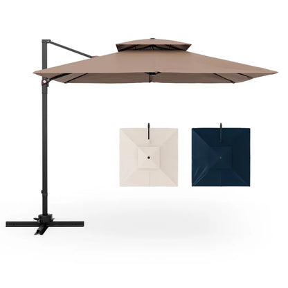 GVN 9.5 Feet Cantilever Patio Umbrella with 360° Rotation and Double Top-Coffee, Patio Offset Umbrella with Easy Tilt Adjustment, Cantilever Patio Umbrellas, Sunshade Umbrella Canopy