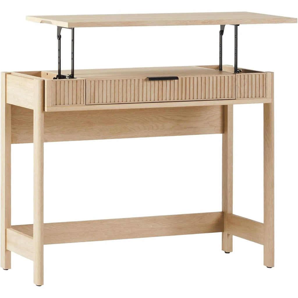 LHHP Transitional Style Furniture, Reeded Detail, Lift-Top Desk with Drawer and Storage Cubby, Sitting to Standing Desk, Soft Self-Close Desktop, 38��W x 16.75��D x 30��H, Coastal Oak