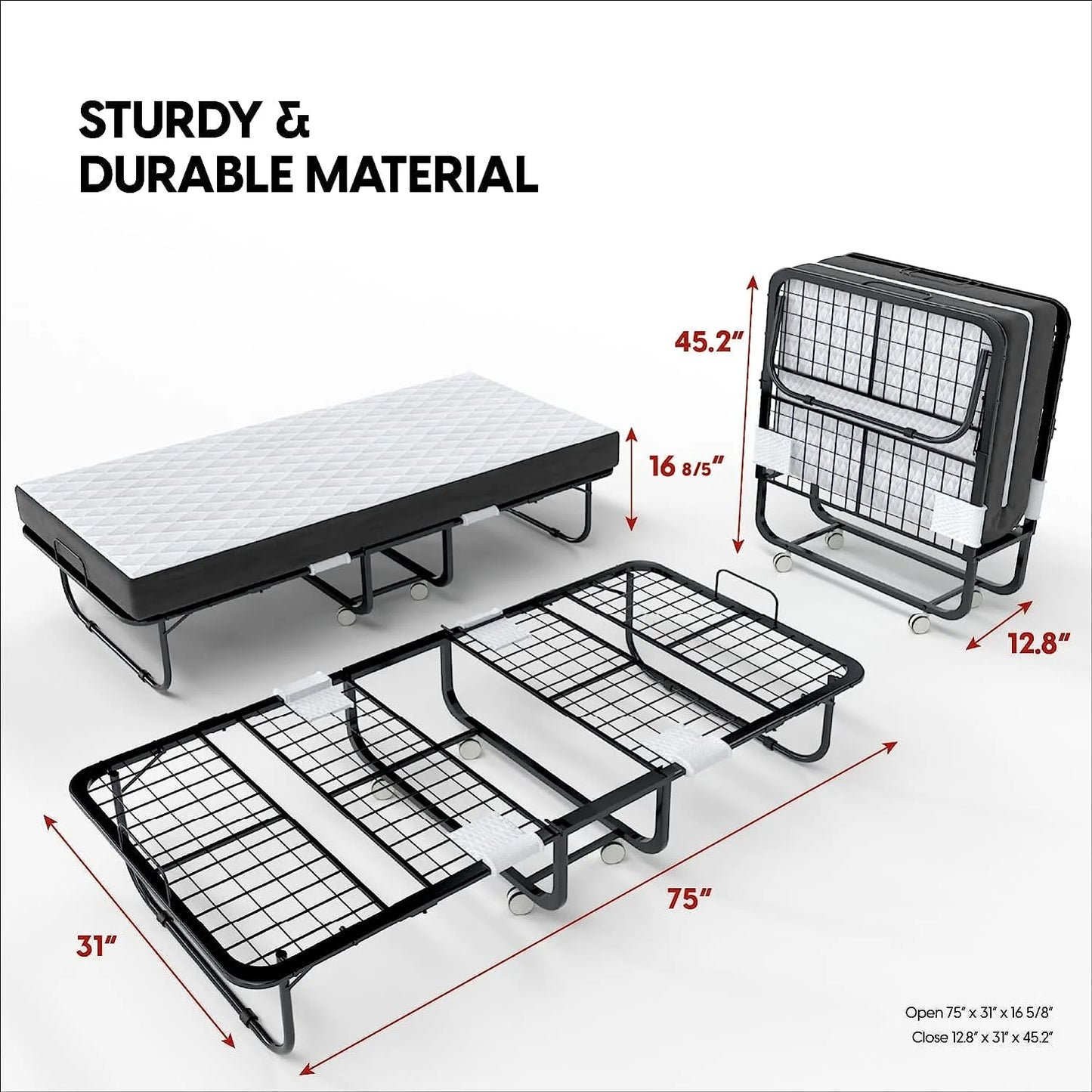 EconoHome Folding Bed with Mattress - 75x31 Cot Size Bed Frame - Portable Foldable Roll Away Adult Bed for Guest - 5-inch Thick Memory Foam Cot Mattress - Space Saving Fold Up Bed for Easy Storage
