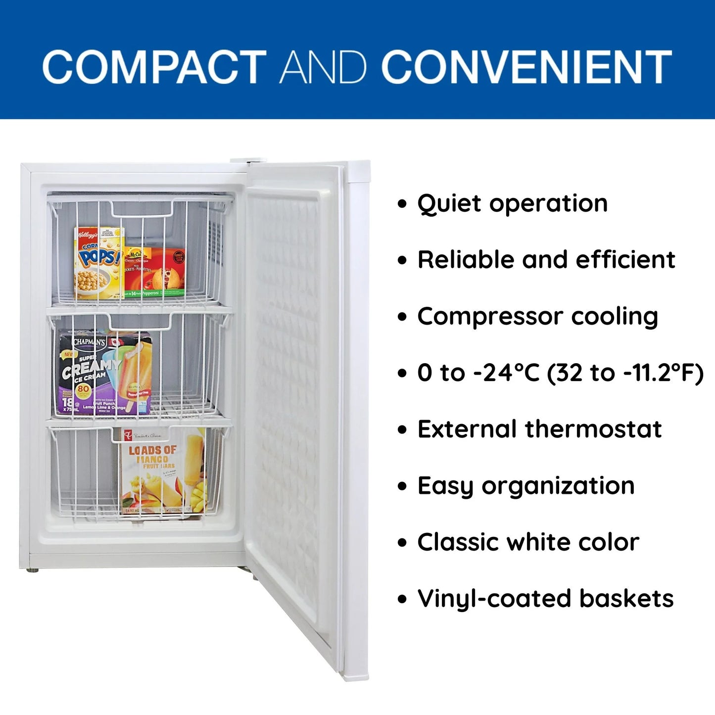 Koolatron 3.1 cu ft Upright Freezer, 88L Mini Freezer, White, Manual Defrost, Compact Design