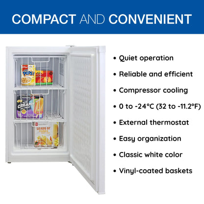 Koolatron 3.1 cu ft Upright Freezer, 88L Mini Freezer, White, Manual Defrost, Compact Design