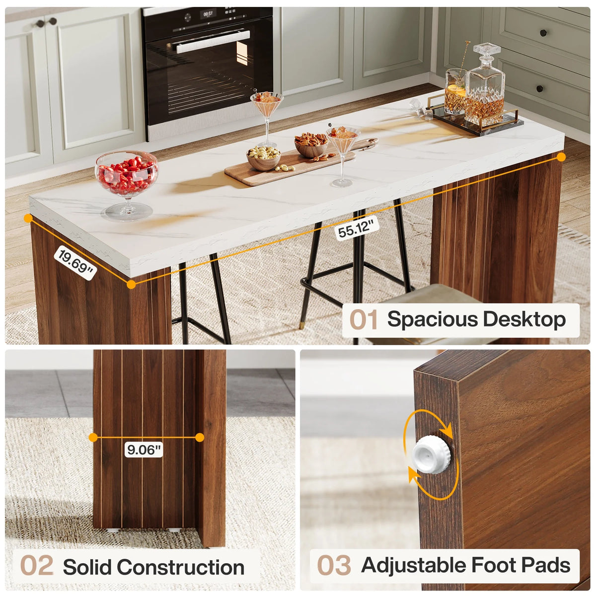 Tribesigns 55.12-Inch Bar Table, Home Bar Unit with a Faux Marble Finished Tabletop, Modern Freestanding Mini Bar for Home Kitchen, Living Room, Balcony, Basement, Walnut & White